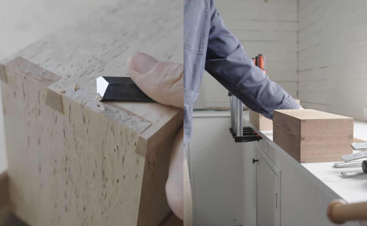 Handmade custom boxes: paring a dovetail on a masur birch box and a finished dovetailed box on the workbench