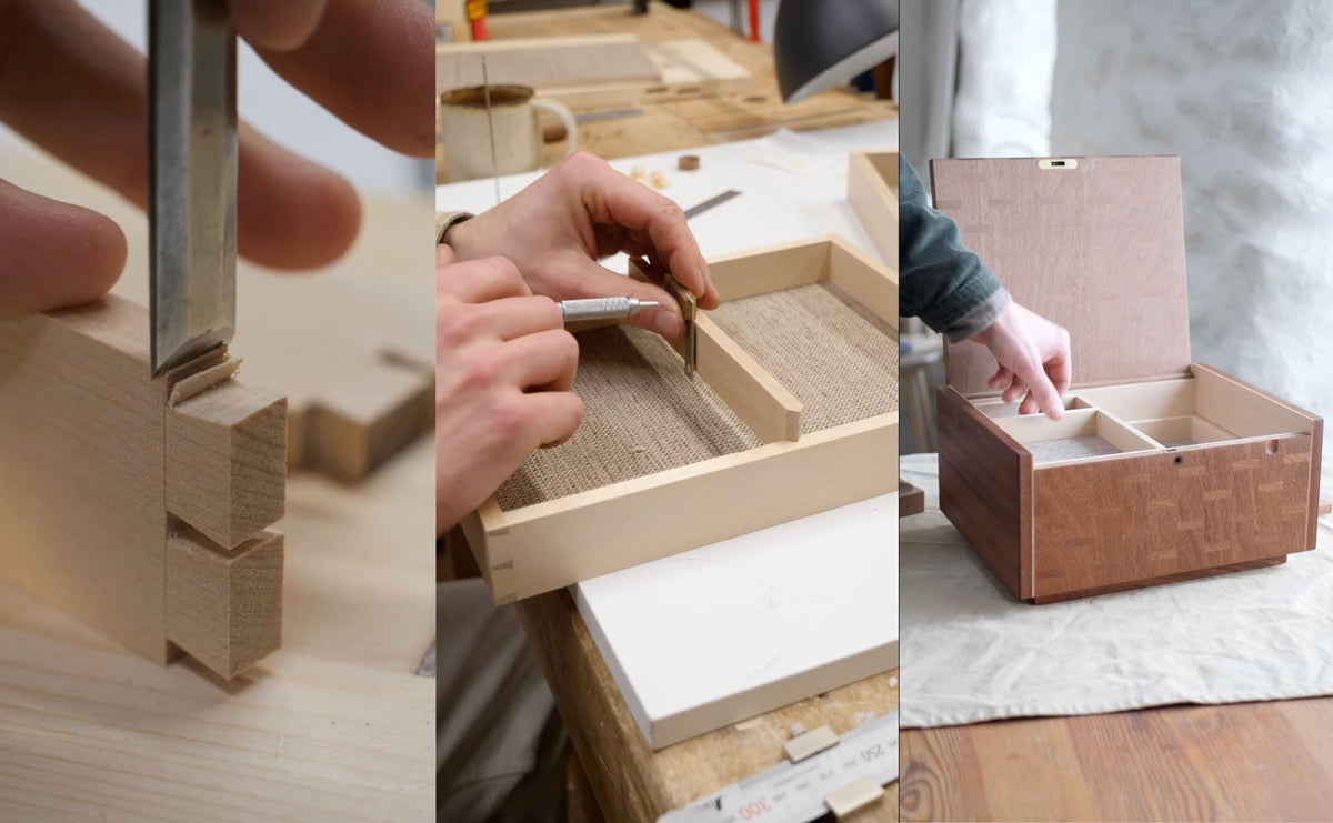 Making the mahogany and birch jewelry box: cutting dovetails by hand, fitting linen-lined trays and the finished parquet box