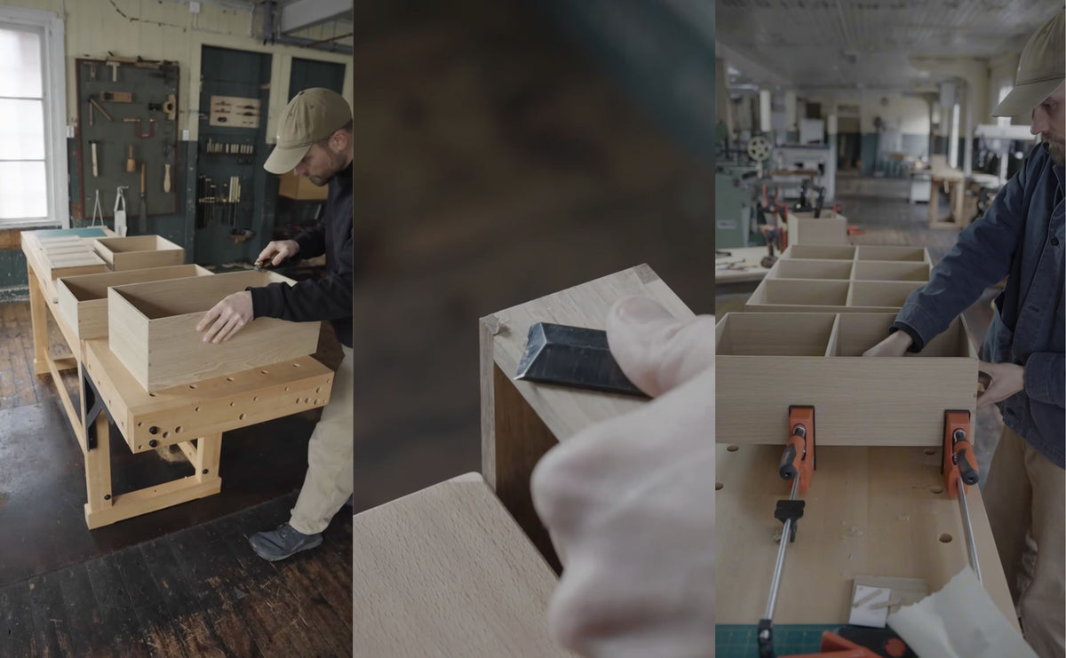 Making custom oak boxes: cleaning up dovetails with a chisel and gluing up boxes with dividers in od form’s workshop